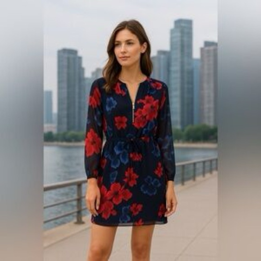 Floral Zip-Front Navy Dress with Red & Blue Blooms